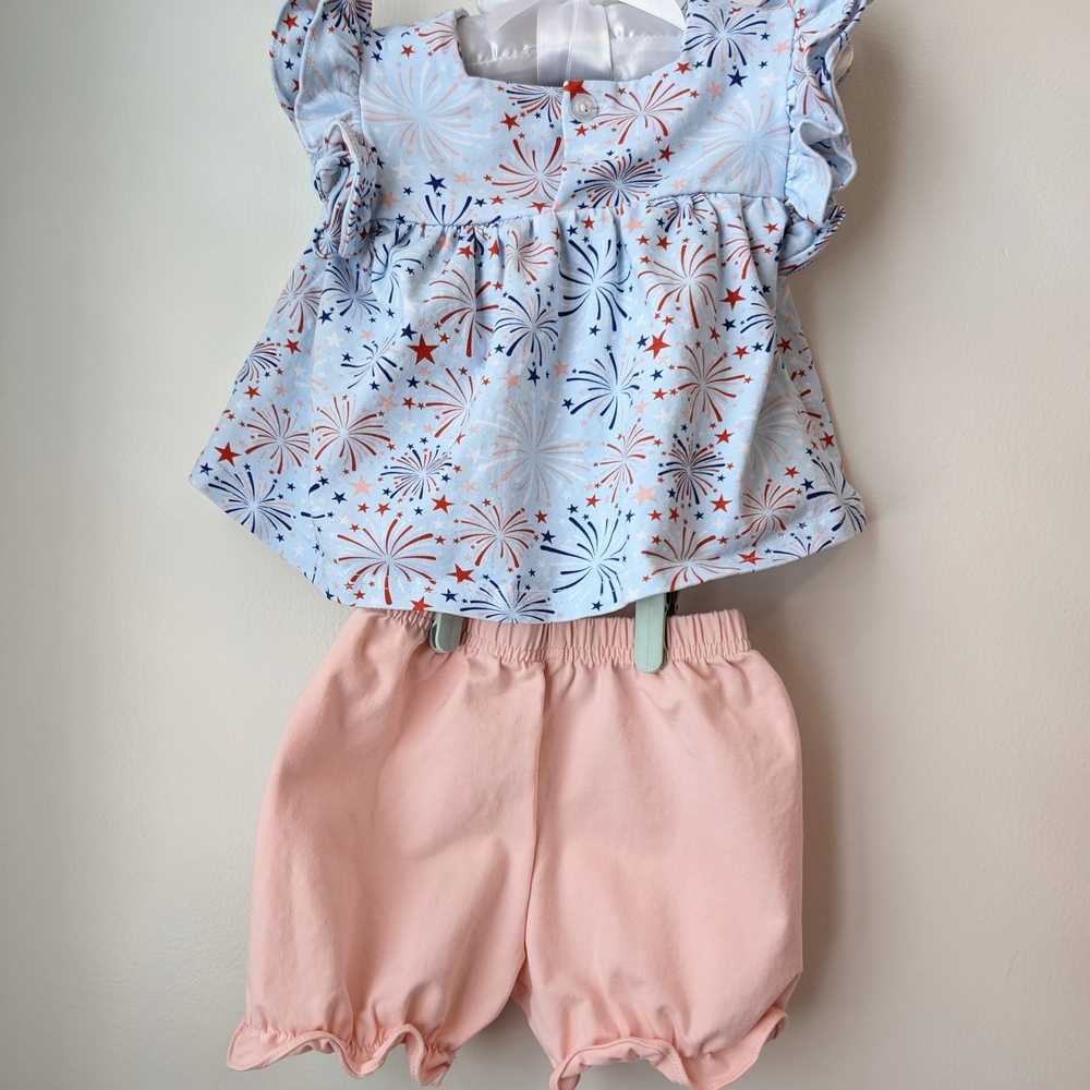 Stitchy Fish 6M Blue and Pink Fireworks 4th Of July Shirt And Short Set